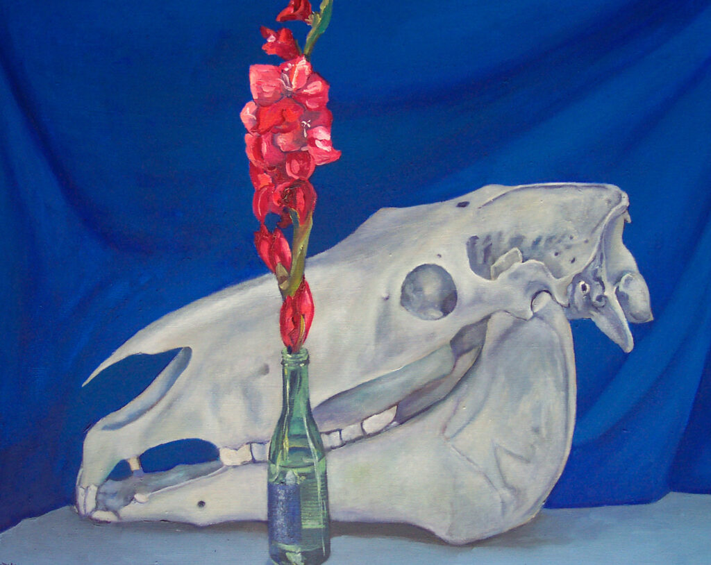 Florian Leibetseder, "Gladiole und Pferdeschaedel", 72x90cm, Öl auf Leinwand, 2007, aus der Serie "Pferdeschaedel"