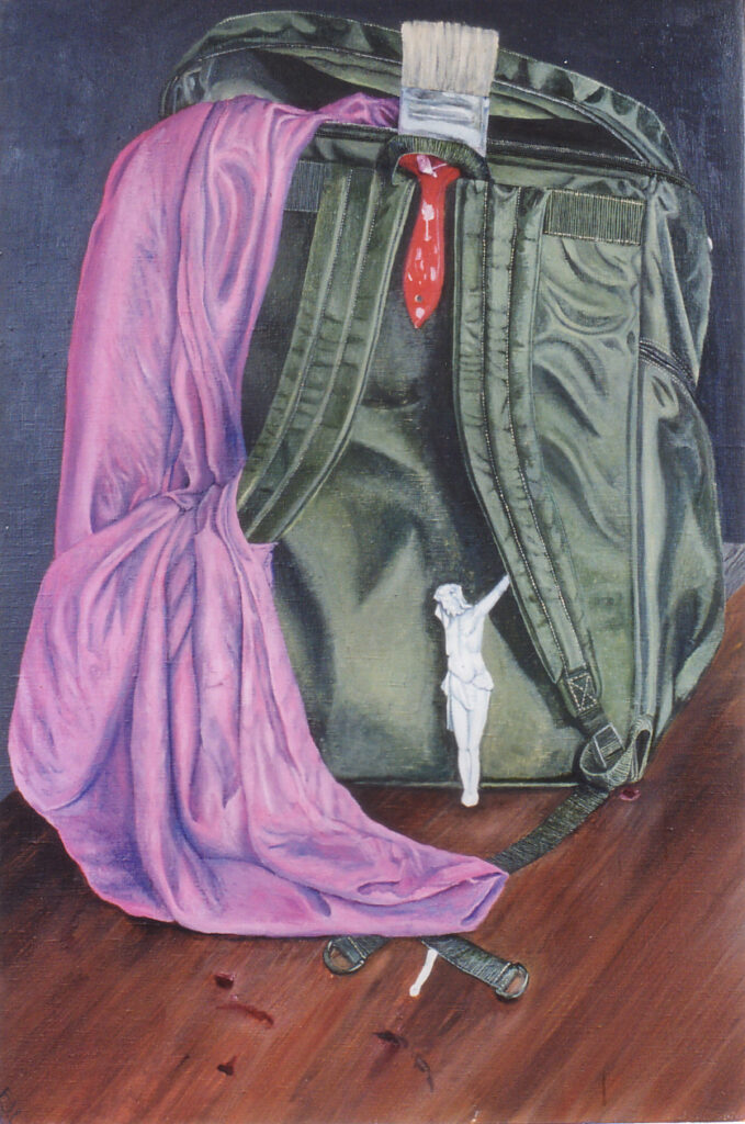 Florian Leibetseder, "Der Rucksack" aus der Serie "Der Pendler", 90x60cm, Öl auf Leinwand, 1999