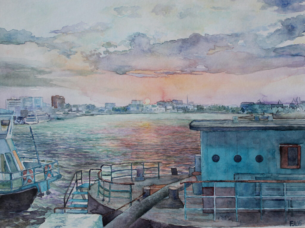 Florian Leibetseder, "Tulcea im Donaudelta", Aquarell auf Papier, 24x31cm, 2015, aus der Serie "Donaudelta"