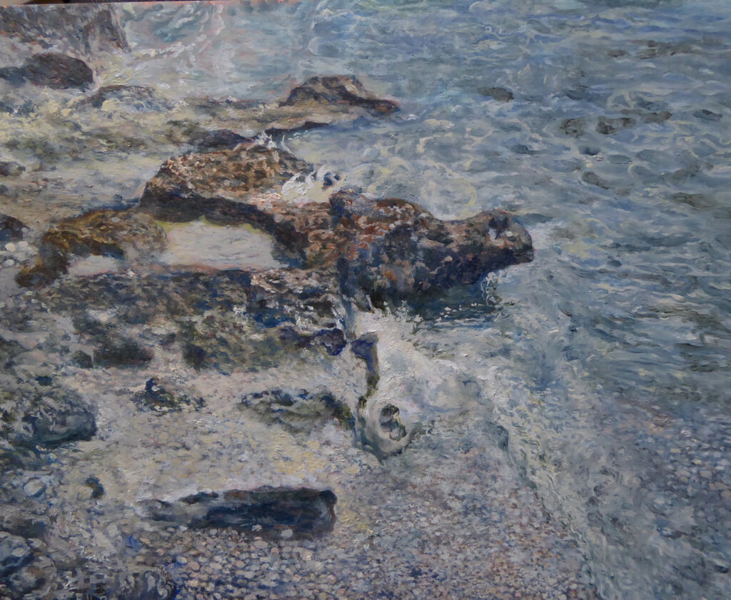 Florian Leibetseder, "Felsen, Schotter, Meer", aus der Serie "Welt ohne Menschen", 17x21cm, Öl auf Kupfer, 2021
