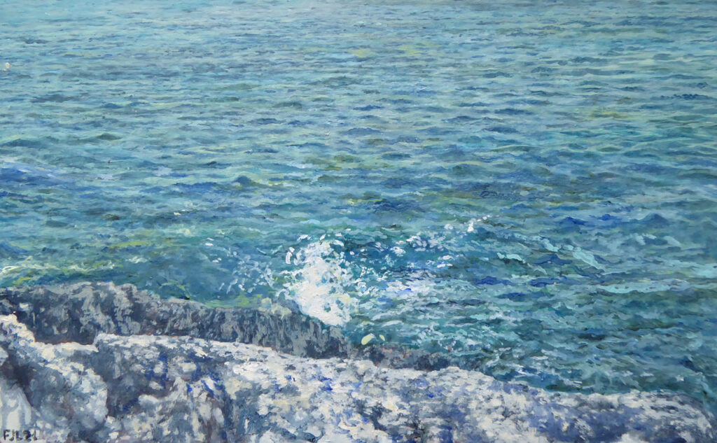 Florian Leibetseder, "Blaues Meer", aus der Serie "Welt ohne Menschen", 12,5x20cm, Öl auf Kupfer, 2021