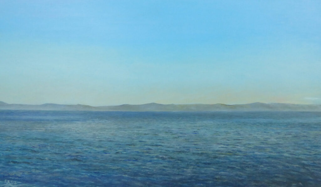 Florian Leibetseder, "Insel in Dalmatien", aus der Serie "Welt ohne Menschen",17x29cm, Öl auf Kupfer, 2021
