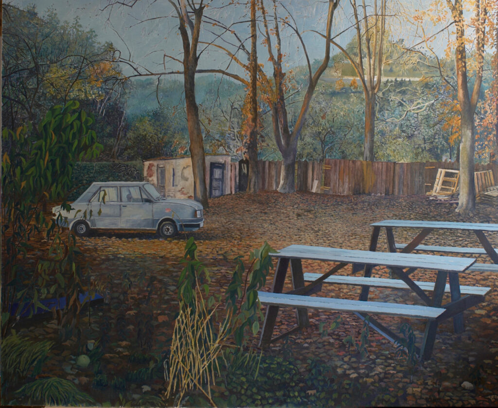 Florian Leibetseder, "Herbstlicher Gastgarten" aus der Serie "Podbaba", 180x220cm, Öl auf Leinwand, 2006