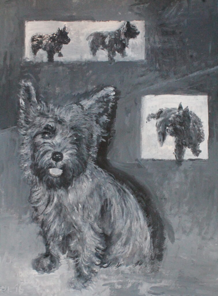 Florian Leibetseder, "Scilly, ein Hundeportrait", Acrylfarbe auf Papier,42x59cm, 2016